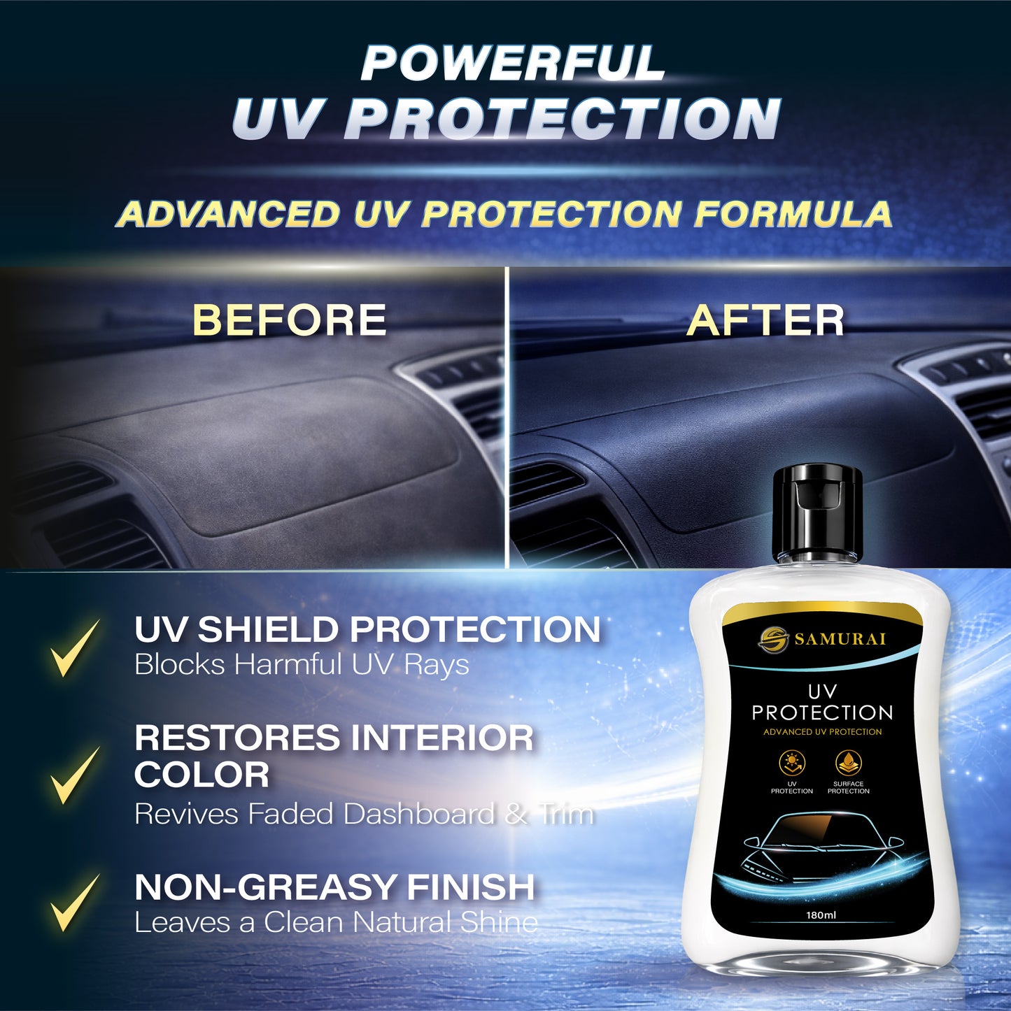 Samurai UV Protection 180ml [Car Interior & Dashboard Sun Shield | Prevent Fading & Sun Damage]